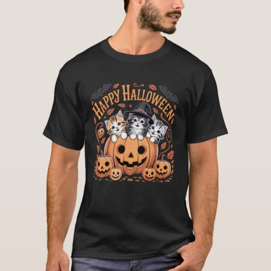 Fröhliche Halloween-Katzen im Kürbis mit Hexenhut T-Shirt (Vorderseite)