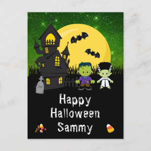 Fröhliche Halloween-Monster Grün Feiertagspostkarte