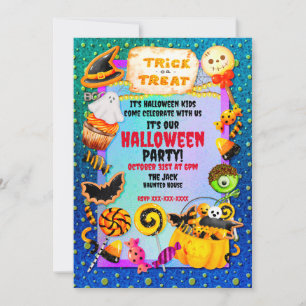 Fröhliche Halloween-Party voller Süßigkeiten oder Einladung