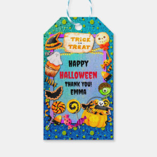 Fröhliche Halloween-Party voller Süßigkeiten oder  Geschenkanhänger