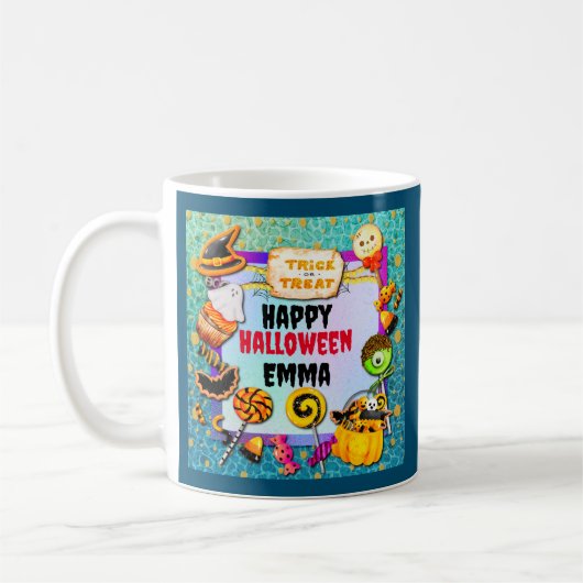 Fröhliche Halloween-Party voller Süßigkeiten oder Kaffeetasse (Links)