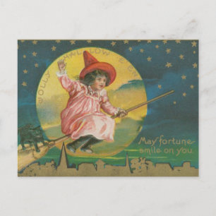 Fröhliche Halloween-Rosa Hexe auf Besen Vintage Postkarte