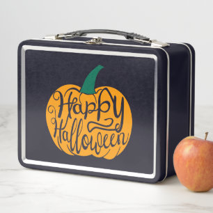 Fröhliche Halloween-Schrift auf geschnitztem Kürbi Metall Brotdose
