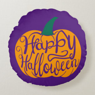 Fröhliche Halloween-Schrift auf geschnitztem Kürbi Rundes Kissen