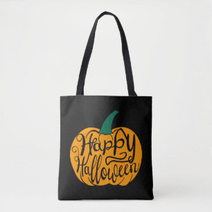 Fröhliche Halloween-Schrift auf geschnitztem Kürbi Tasche
