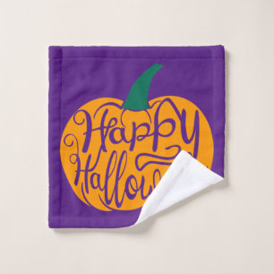 Fröhliche Halloween-Schrift auf geschnitztem Kürbi Waschlappen