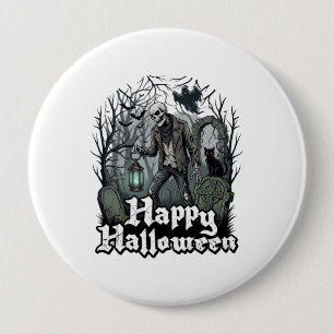 Fröhliche Halloween-Skelett-Laterne Schwarze Katze Button
