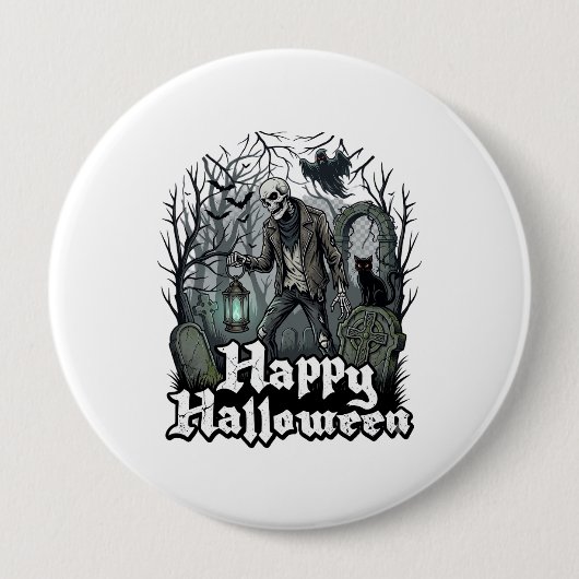 Fröhliche Halloween-Skelett-Laterne Schwarze Katze Button (Vorderseite)