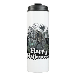 Fröhliche Halloween-Skelett-Laterne Schwarze Katze Thermosbecher