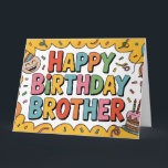 Fröhliche "HAPPY BIRTHDAY BROTHER" Grafik Karte<br><div class="desc">Eine helle und energiegeladene 2D-Digitalillustration mit einer fetten "HAPPY BIRTHDAY BROTHER"-Nachricht in einer abgerundeten,  mehrfarbigen Blasen-Schrift. Die festliche Komposition enthält einen lachenden Charakter in einem Partyhut,  einen kleinen glasierten Schokoladenkuchen mit angezündeten Kerzen und verschiedene Luftballons und Luftschlangen. Vor einem lebendigen gelben Sonnenstrahl-Hintergrund mit verstreutem Konfetti.</div>