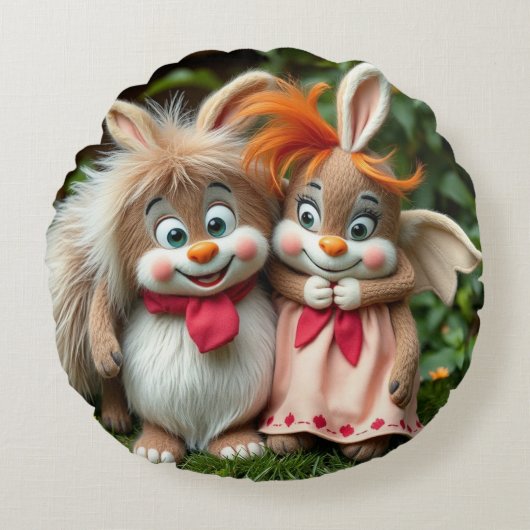 „Fröhliche Hasenfreunde im Frühlingsgarten“ Rundes Kissen (Vorderseite)