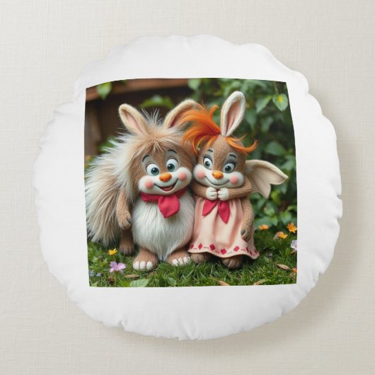 „Fröhliche Hasenfreunde im Frühlingsgarten“ Rundes Kissen (Vorderseite)