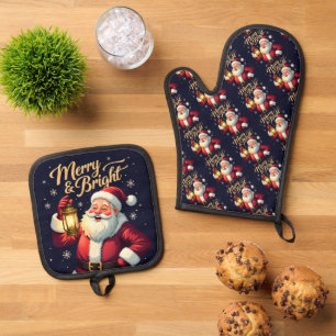 Fröhliche, helle Illustration von Santa mit Latern Ofenhandschuh & Topflappen-Set