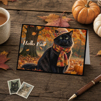 Fröhliche Herbst Blätter Schwarze Katze mit Hut Karte