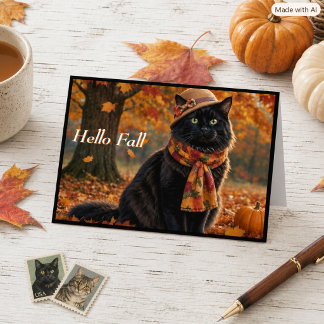 Fröhliche Herbst Blätter Schwarze Katze mit Hut   Karte