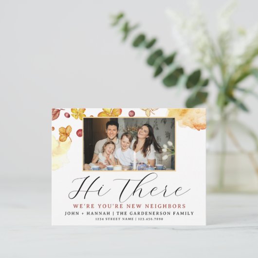 Fröhliche Herbstwasserfarbe Neue Nachbar Postkarte (Stehend Vorderseite)