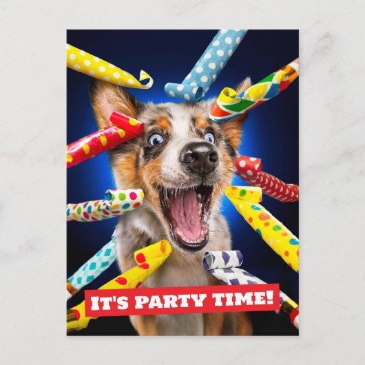 Fröhliche Hunde-Party-Tut-Bläser Postkarte (Vorderseite)