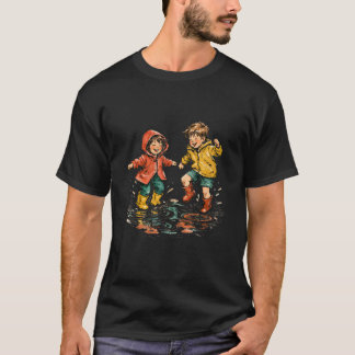 Fröhliche Kinder, die in Regenpfützen springen, Aq T-Shirt