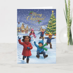 Fröhliche Kinder spielen im Schnee – Frohe Weihnac Karte