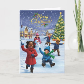 Fröhliche Kinder spielen im Schnee – Frohe Weihnac Karte