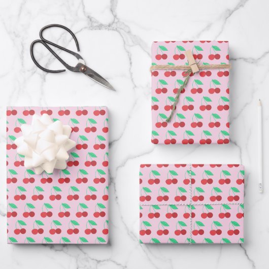 Fröhliche Kirschen Fruchtspass Rot Grün Rosa Geschenkpapier Set (Vorderseite)