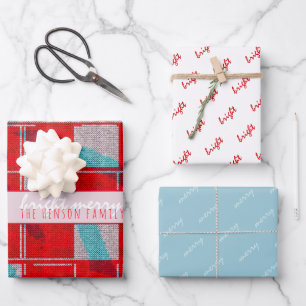 Fröhliche leuchtend rote Strick-Strick-Familienfei Geschenkpapier Set