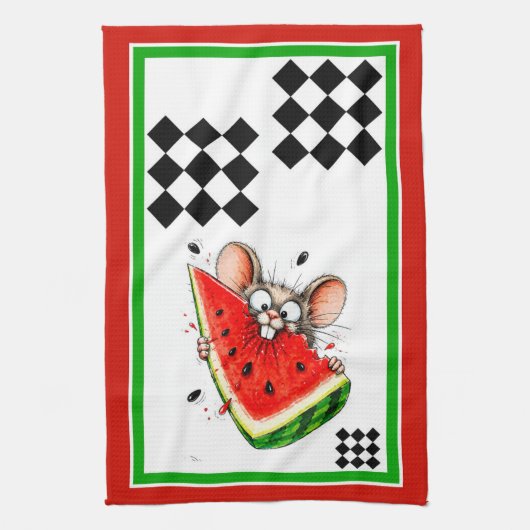 Fröhliche Maus isst Wassermelone Geschirrtuch (Vertikal)