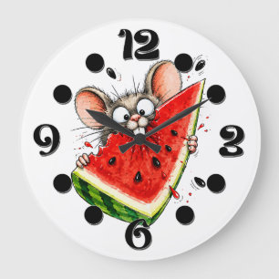 Fröhliche Maus isst Wassermelone Große Wanduhr