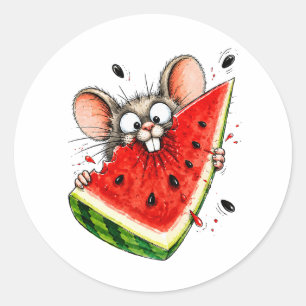 Fröhliche Maus isst Wassermelone Runder Aufkleber