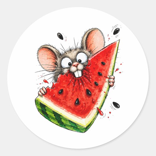 Fröhliche Maus isst Wassermelone Runder Aufkleber (Vorderseite)