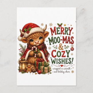 Fröhliche Moo-Weihnachten und gemütliche Wünsche – Feiertagspostkarte