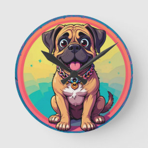 Fröhliche Mops-Bunte Cartoon-Illustration Runde Wanduhr