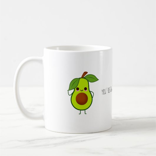 Fröhliche morgendliche Avocado-Redewendungen. Kaffeetasse (Links)