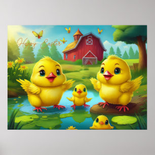 Fröhliche Ostergelbe Küken in einem Teich neben ei Poster