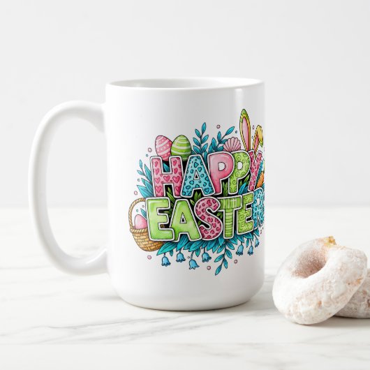 Fröhliche Osterkunst mit Hasenohren und Blumen Kaffeetasse (Mit Donut)