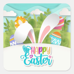 Fröhliche Ostern Party Hasenohren und Ei Quadratischer Aufkleber