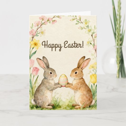 Fröhliche Ostern Vintage-Hasen mit Ei Karte (Vorderseite)
