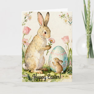 Fröhliche Ostern Vintage-Hasenfamilien-Illustratio Karte
