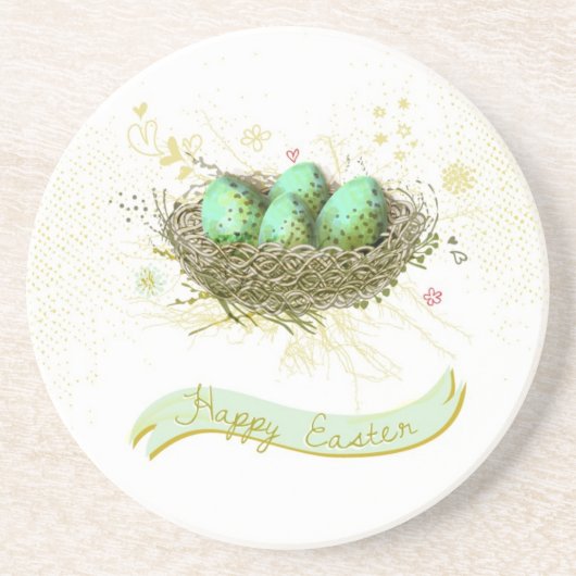 Fröhliche Ostern! - Vogelnest mit bunten Eiern Untersetzer (Vorne)