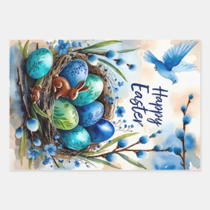 Fröhliche Ostern Wasserfarbe-Hasen-Nest-Karte Geschenkpapier Set