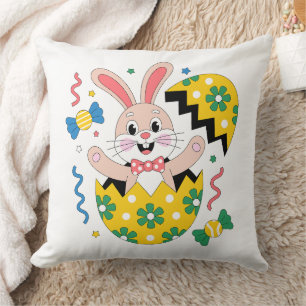 Fröhliche Osterparty-Hase springt aus dem Ei herau Kissen