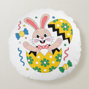 Fröhliche Osterparty-Hase springt aus dem Ei herau Rundes Kissen