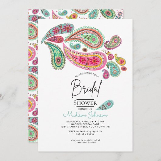 Fröhliche Paisley Pink & Türkis Folklorekunst Einladung (Vorne/Hinten)