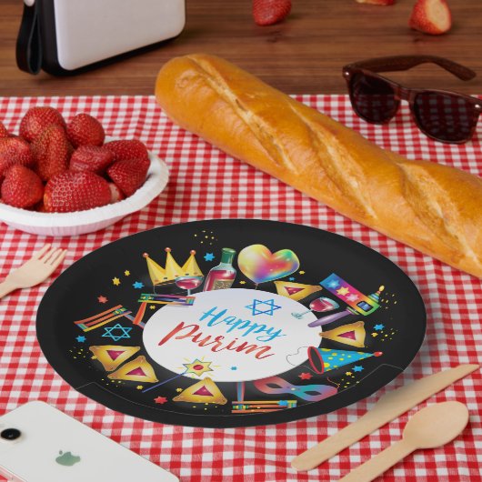 Fröhliche Purim-Geschenkkörbe, Dekoration, Ornamen Pappteller (Picknick)