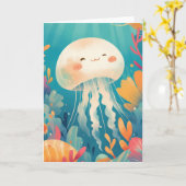 Fröhliche Quallen, die durch farbenfrohe Riffe sch Karte (Gelbe Blume)