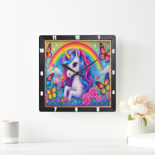 Fröhliche Rainbow Unicorn-Blume Quadratische Wanduhr