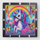 Fröhliche Rainbow Unicorn-Blume Quadratische Wanduhr (Vorderseite)