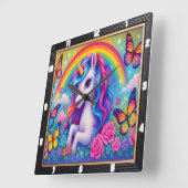 Fröhliche Rainbow Unicorn-Blume Quadratische Wanduhr (Winkel)