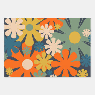 Fröhliche Retro 60er 70er Blume Blumenmuster Geschenkpapier Set