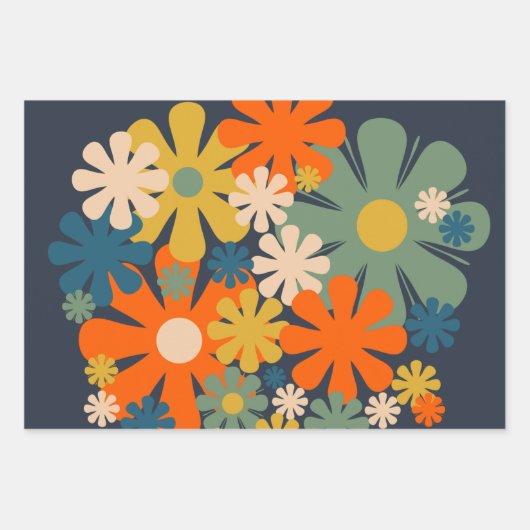 Fröhliche Retro 60er 70er Blume Blumenmuster Geschenkpapier Set (Vorderseite 2)